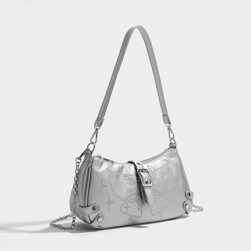 New Shoulder Bags Small Square Bag Women Zipper Silver Bow Embroidered Fashion Trend Leisure Handheld Bags Advanced Axillary Bag