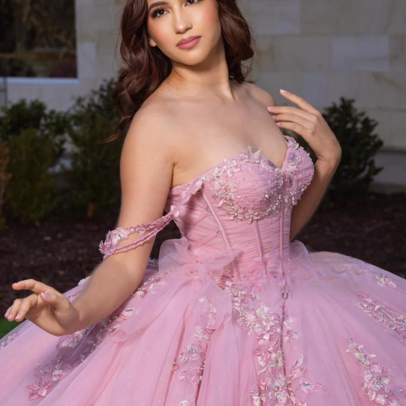 Pink Shiny Ball Gown Quinceanera Dresses Off The Shoulder Appliques Lace Beading Crystal Tull Sweet 16 Dress Vestido De 15 Anos