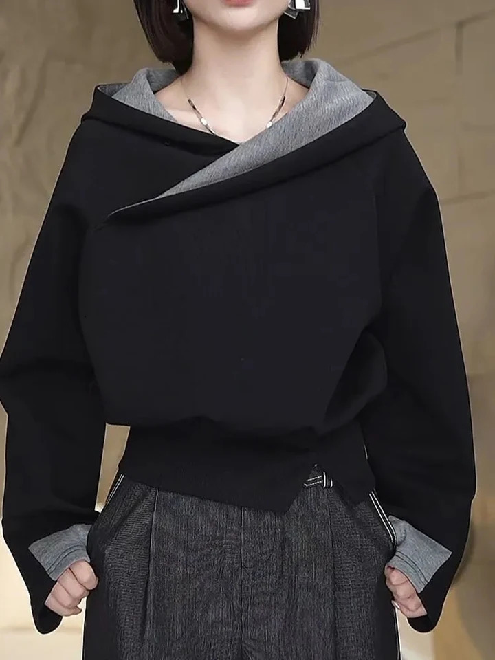 Asymmetric Loose Short Womens Hoodie Trendy High Street Style Autumn Fashionable Female Outdoor Versatile Top 241108