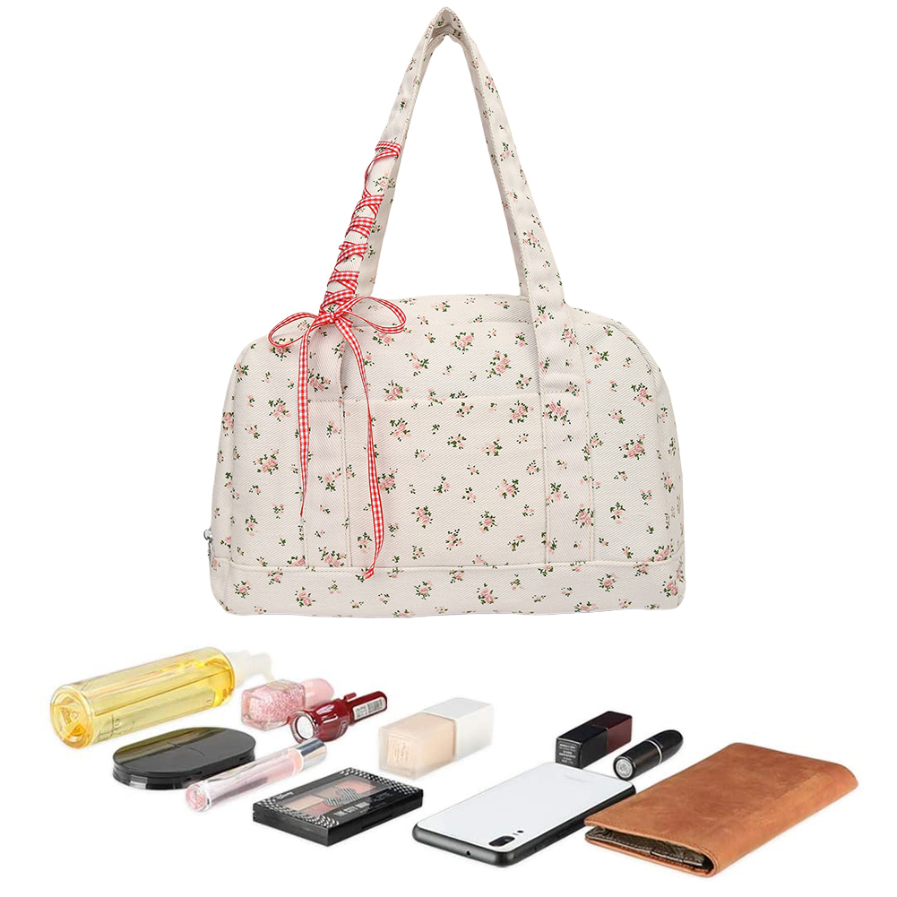 Women Floral Shoulder Bag with Multi Pocket Canvas Tote Bag Bow Tie Hobo Bag Cute Satchel Purse for Travel Work