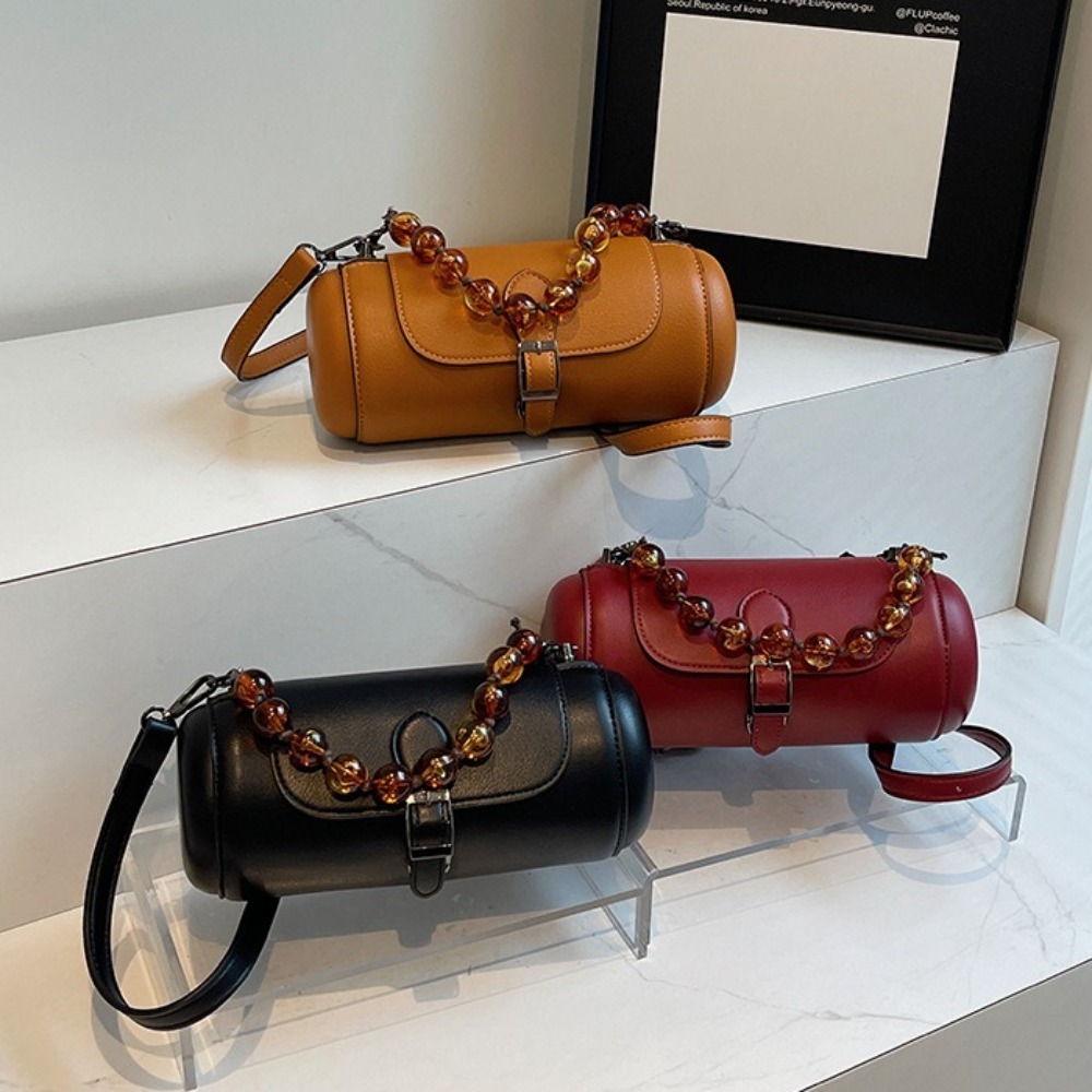 Vintage Zipper Boston Handbag Round Beaded Chain Retro Saddle Large Capacity Barrel Shape Cylinder Crossbody Bag Outdoor