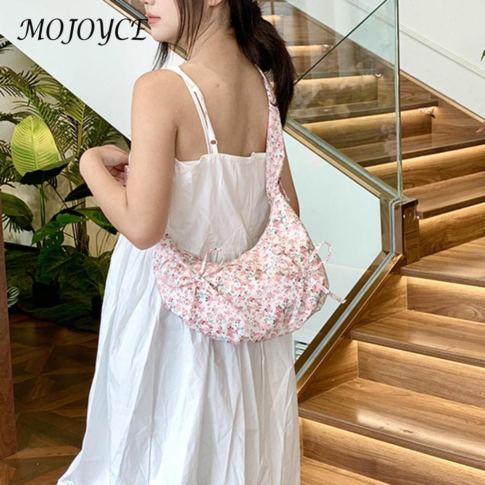 Shoulder Bag for Women Floral Crescent Bag Cloth Bowtie Handbag Ruched Clutch Purse for Commuting Travel