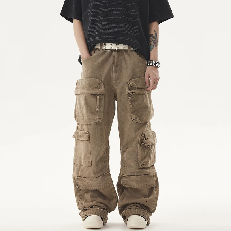 PFNW High Street Mens Denim Pants Threedimensional Multipockets Wornout Overall Straight Leg Male Bottom Loose 12C521 241108