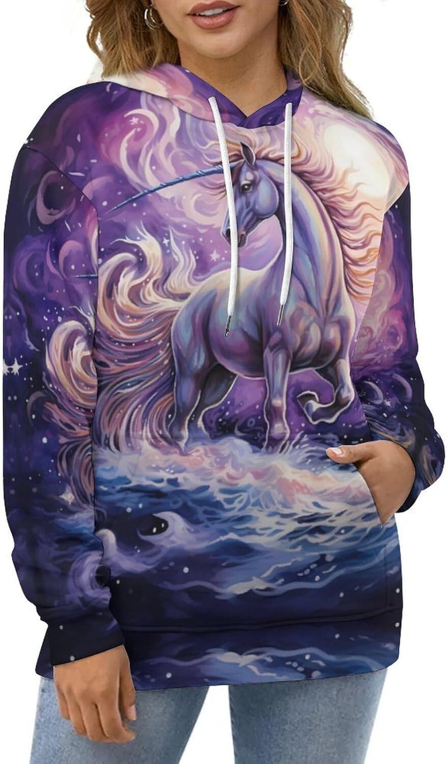 Hoodie for Mens Womens Colourful Unicorrn on Ocean in Night Hoodies for Men 3D Print Pullover Hooded Drawstring Loose Sweatshirt with Big Pockets Grap