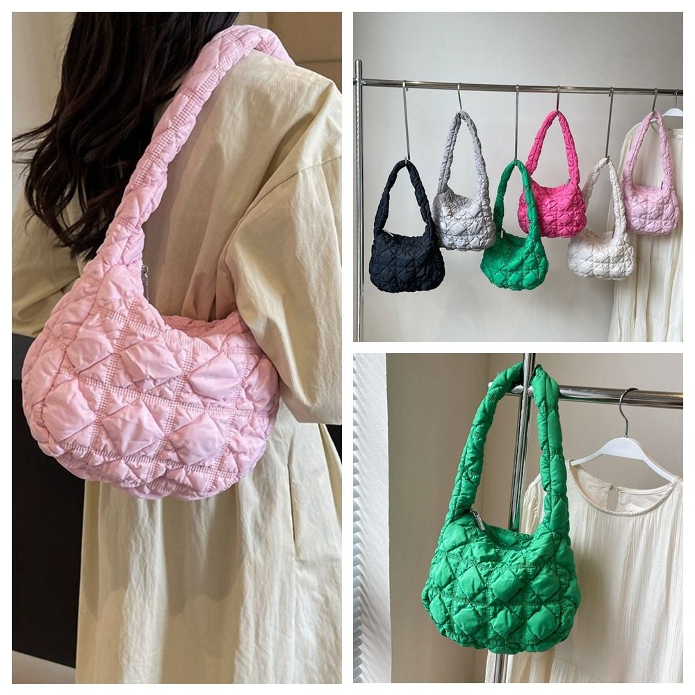Casual Korean Style Space Cotton Shoulder Bag Plaid Solid Color Rhombus Plaid Handbag Banquet Bubble Cloud Bag Girls