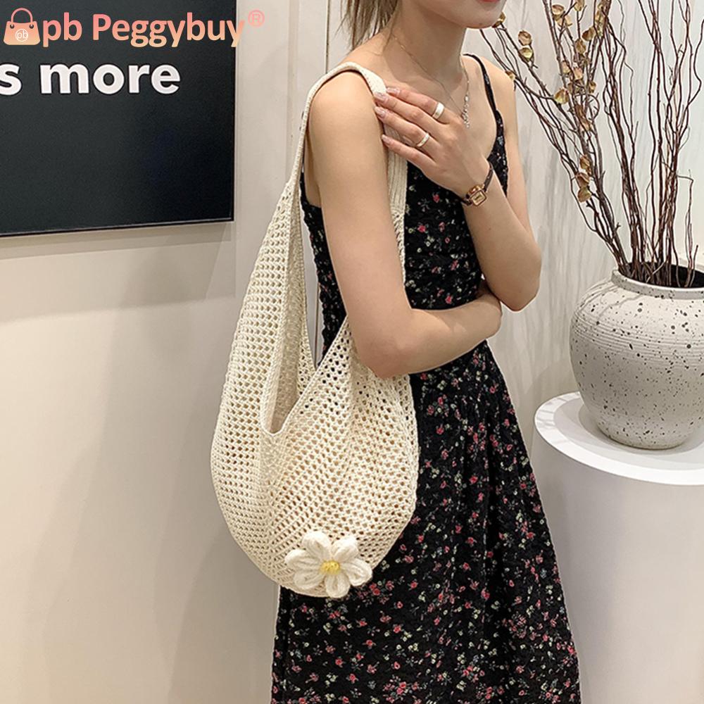 Women Crochet Shoulder Bag Mesh Summer Beach Bag Solid Hobo Bag Large Capacity for Vacation Travel Shopping