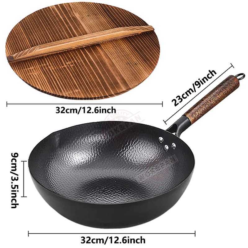 Pans Carbon steel Wok pot 32cm wooden frying pan with wooden lid uncoated flat bottom Chinese induction electric potL2403