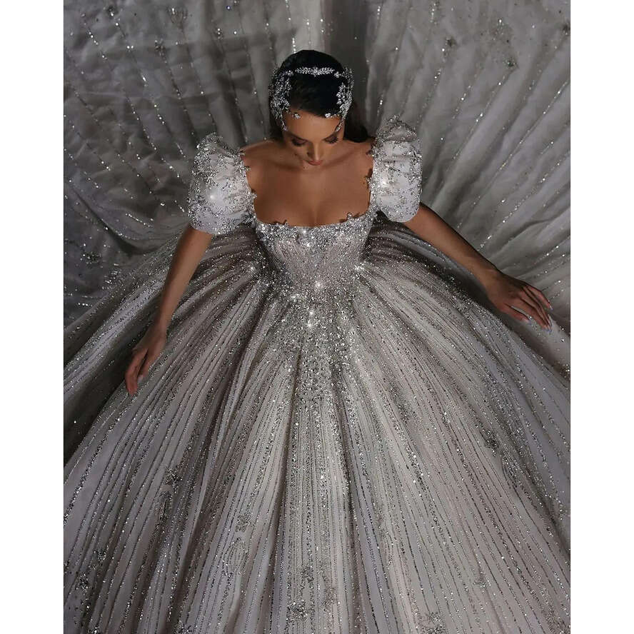 Bride Sparkly Crystal Sequins Dresses Shiny Rhie Square Wedding Dress 2024 Court Train