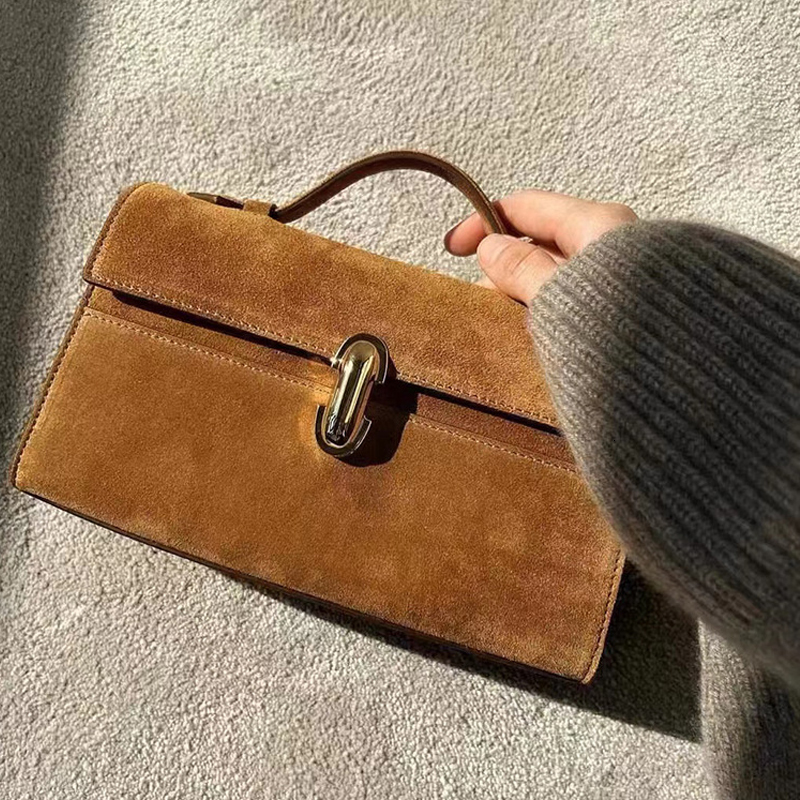 Genuine Leather Small Square Bags For Women Designer Handbag Purses New In Vintage Frosted Suede Simple Ladies Tote