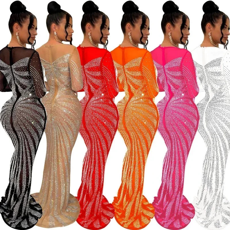 XIZOU Women Mesh Patchwork Diamonds Rhinestones Floor Length Bodycon Mermaid Maxi Dress Sexy Party Evening Vestidos 241108