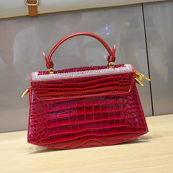 Fashion Dias Women's Hand-held Red Genuine Leather Women's Shoulder Crossbody Bag With Crocodile Pattern Portable Shell Handbag