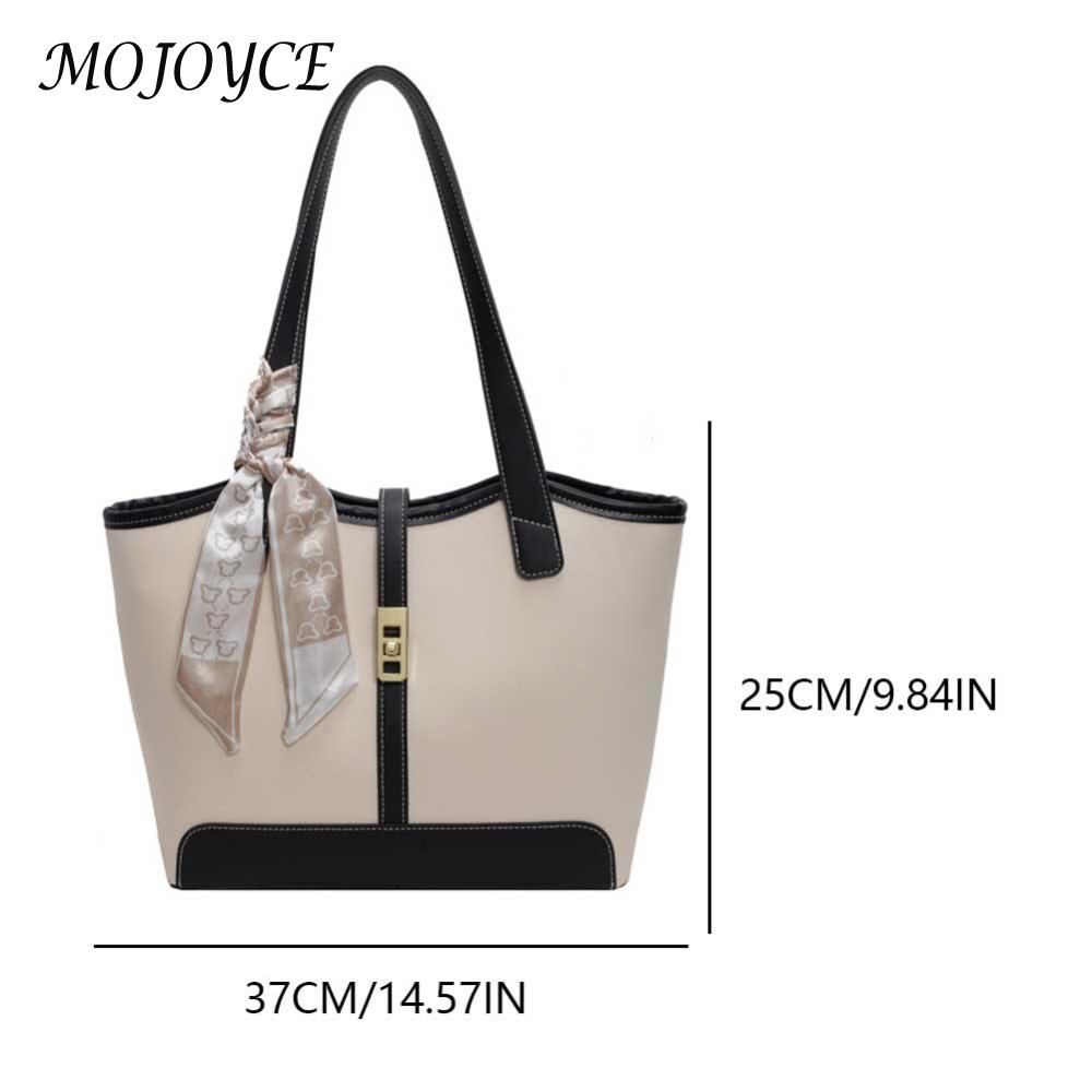 Women PU Fashion Shoulder Large Capacity Contrast Color with Ribbon Patchwork Tote Outdoor Travel Bag
