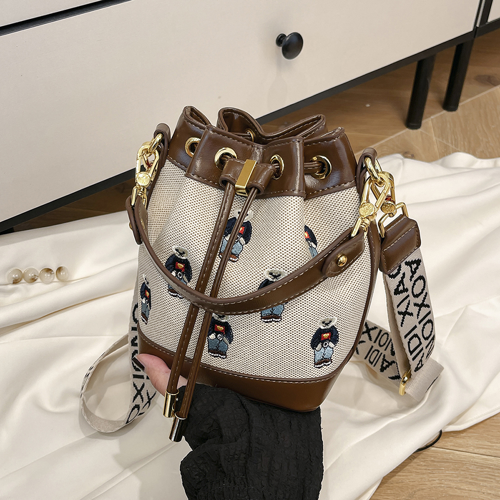 Bucket Bag for Women Drawstring Top Handle Handbag Embroidered Removable Strap Tote Handbag Commuter Travel Bag