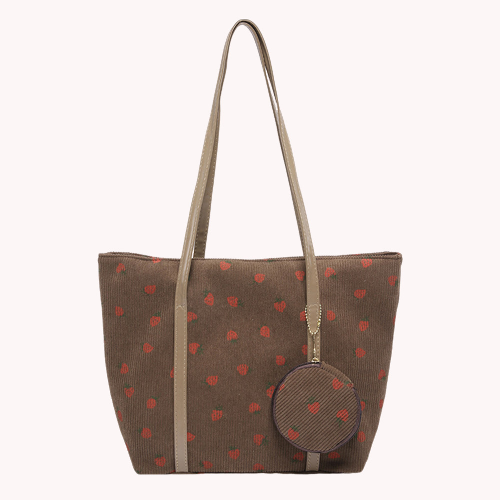 Women Corduroy Shoulder Bag Strawberry Pattern Tote Bag with Round Pouch Chic Hobo Bag Casual Tote Purse Fashion Shopper Bag