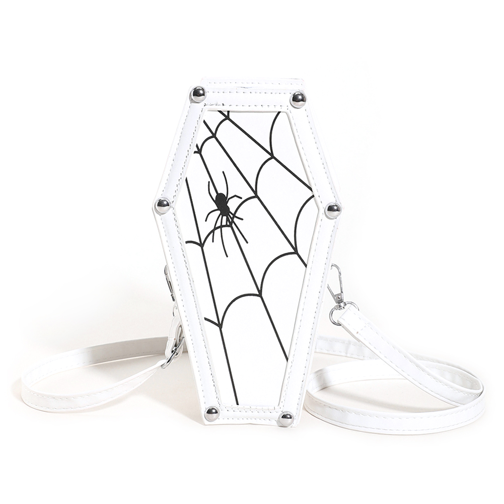Women Cosplay Cosmetic Bag PU Leather Coffin Gothic Cobweb Bag Adjustable Strap Halloween Gift for Female