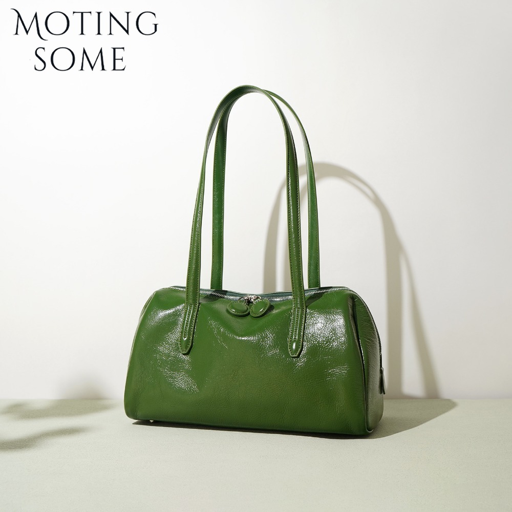 Motingsome Green Bags Retro Women Bag Oil Wax Cowhide Leather Handbag Vintage Boston Pillow Lady Daily Purses