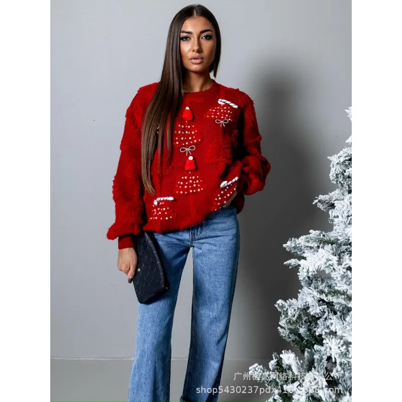 Cozy Solid Pullover: Lantern Sleeve Round Neck Knitted Sweater For Women