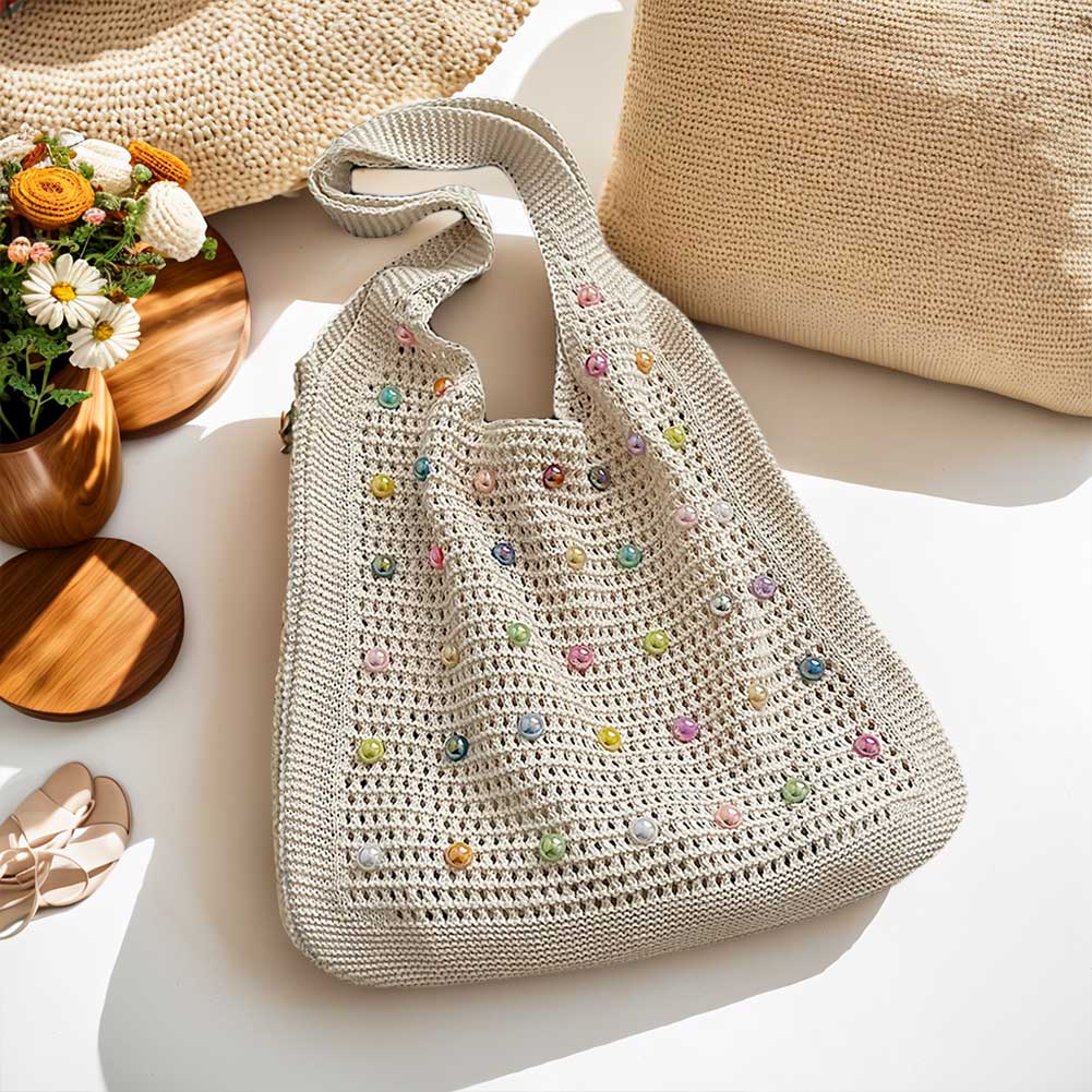 Women Crochet Shoulder Bag Simple Commuting Bag Large Capacity Fashion Tote Handbags with Colorful Pearls Outdoor Travel Bag
