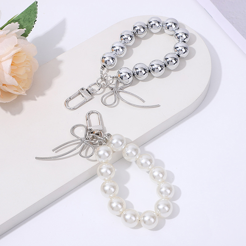 Cute Bow Pearl Ring Keychain Pendant Sweet Pearl Mobile Phone Chain Backpack Decoration Accessories