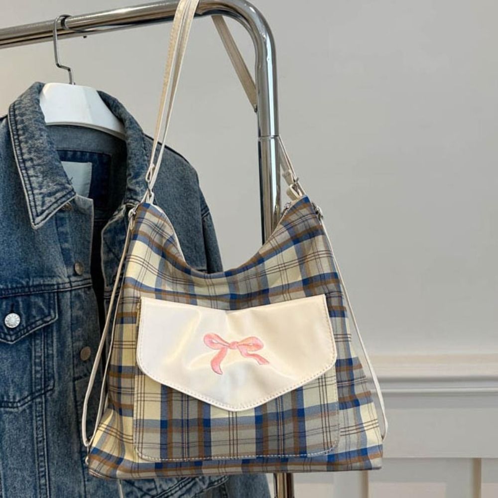 Trendy Korean Style Bowknot Shoulder Bag Sweet Adjustable Strap Lattice Tote Bag Elegant Large Capacity Student Backpack Female