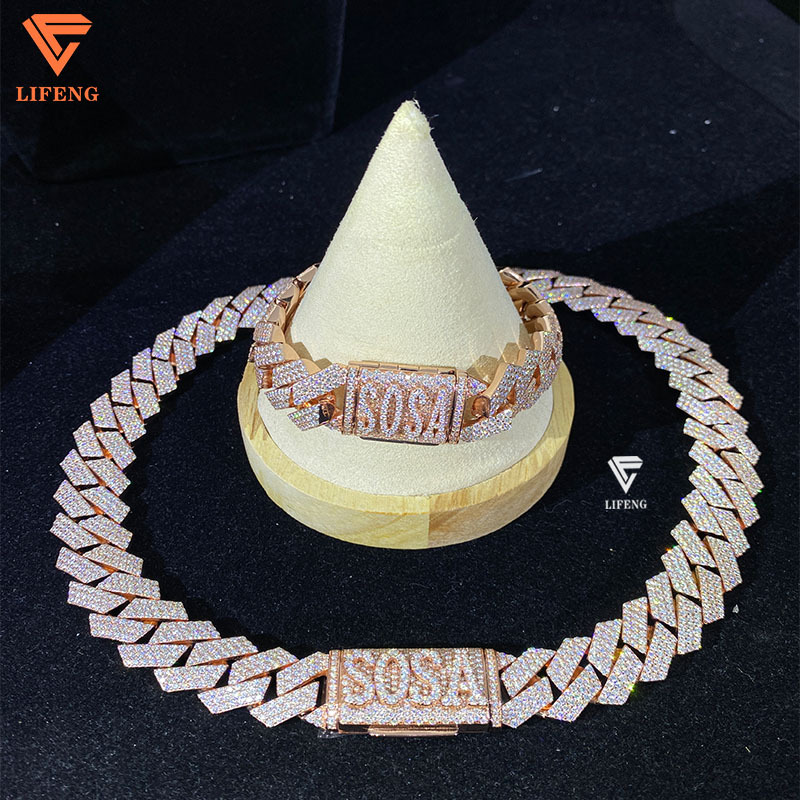 Rose Gold Plated Miami Cuban Chain Custom Name Sterg Sier With VVS Moissanite Charms Necklace And Bracelet Jewelry Set