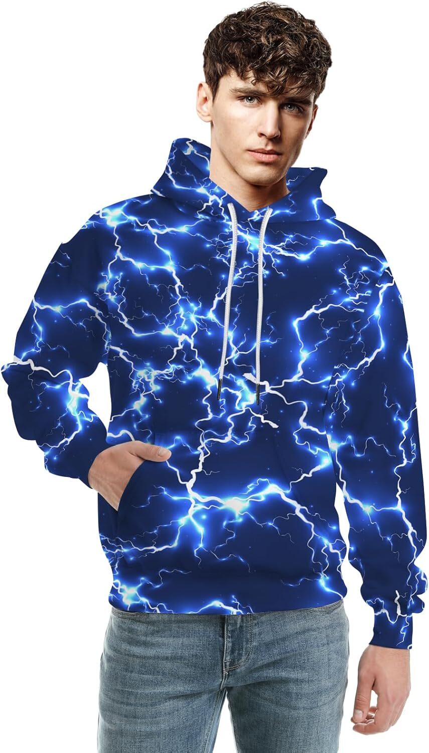 Hoodie for Mens Womens Unisex New Mens Novelty Hoodies Cool Lightning Graphic Hoody Pullover Hooded Sweatshirts Graphic Trendy blue lightning pattern