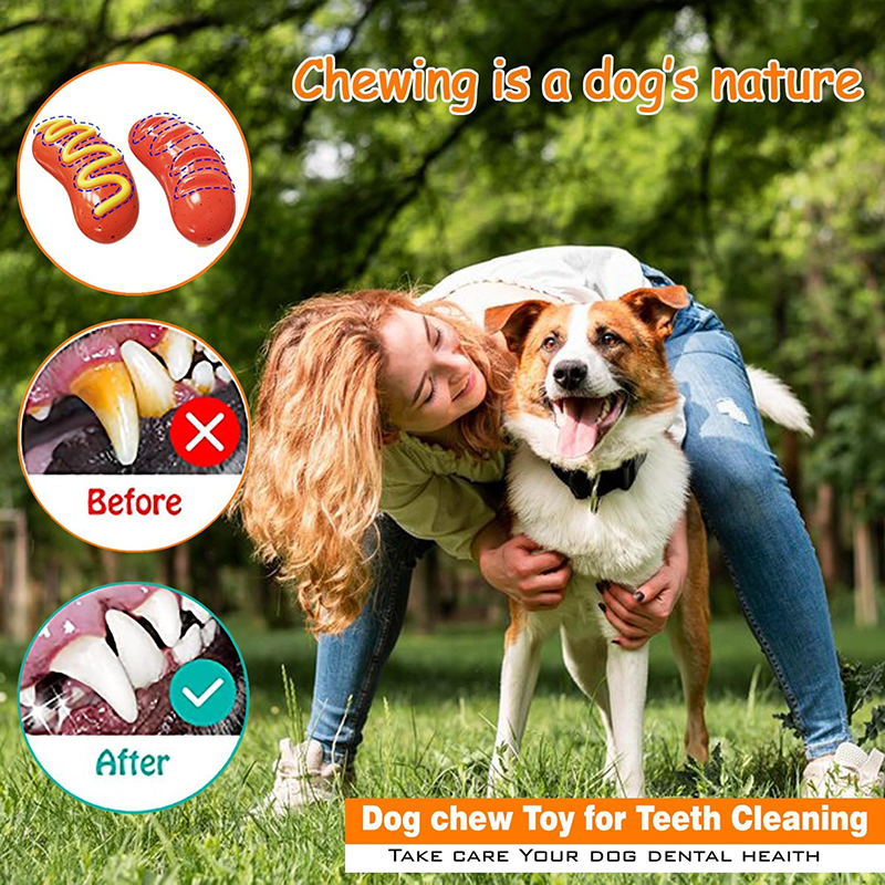 Dog Accessories Tough Pet Chew Toys, Hot Dog Shape TPR Material Pet Chews Toys Squeaky Rubber Dog Toy for Stimulating Pet Dental