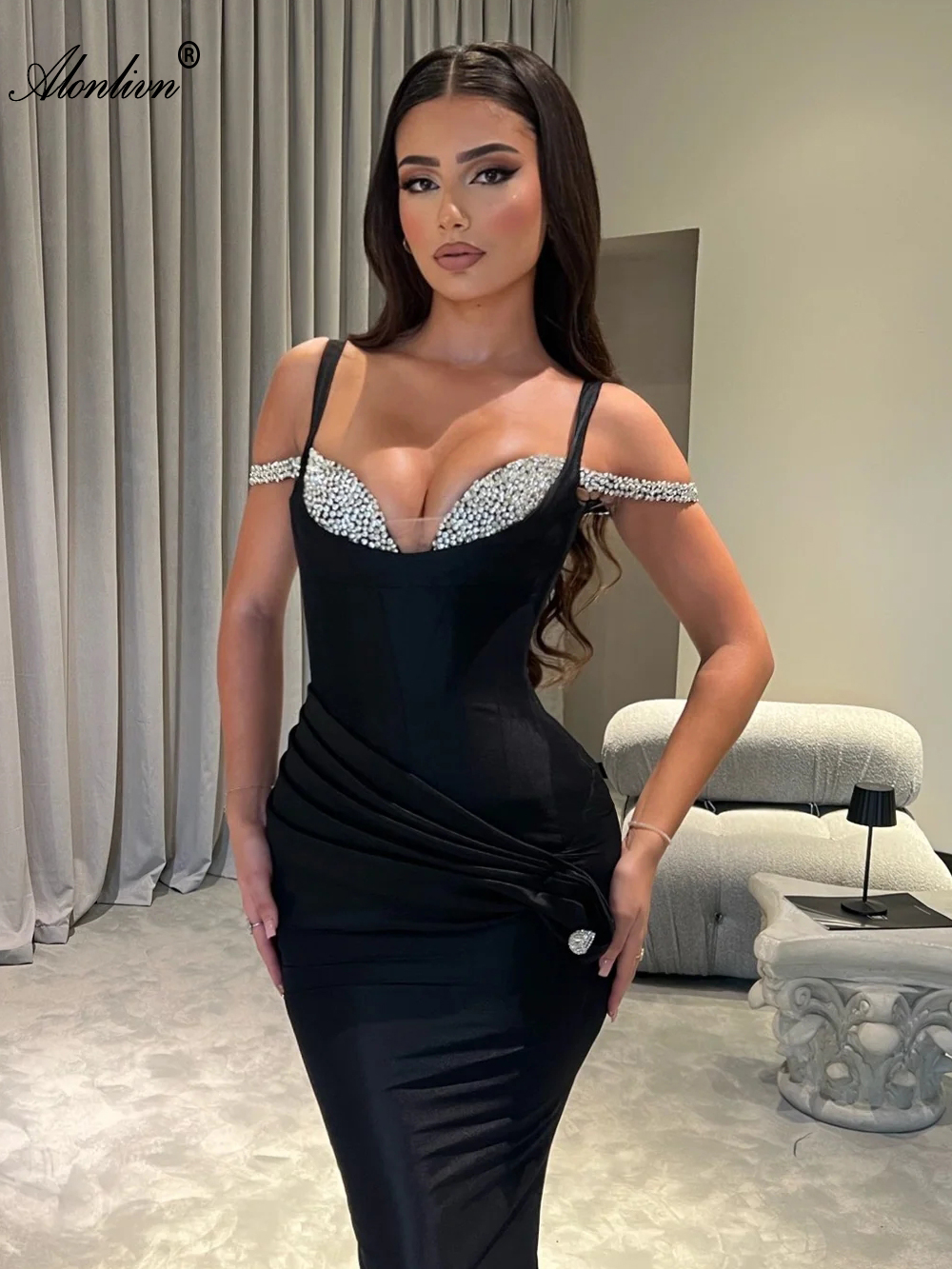 Vintage Sexy Black Long formal Dresses Sheer Luxury Silver Crystals Diamond Sequin Sweetheart pleats Mermaid Ladies Prom Party Gowns