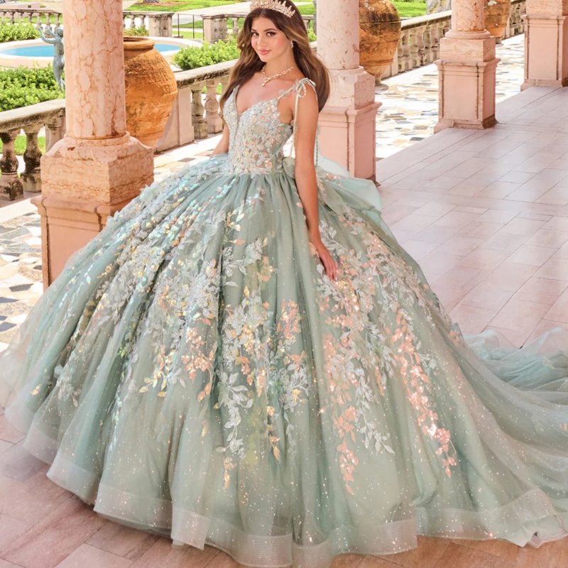 Sparkly Sage Green Quinceanera Dresses Ball Gown Sequin Lace Applique Beading Tull Party Birthday Corset Sweet 16 Dress Vestidos De 15 Anos