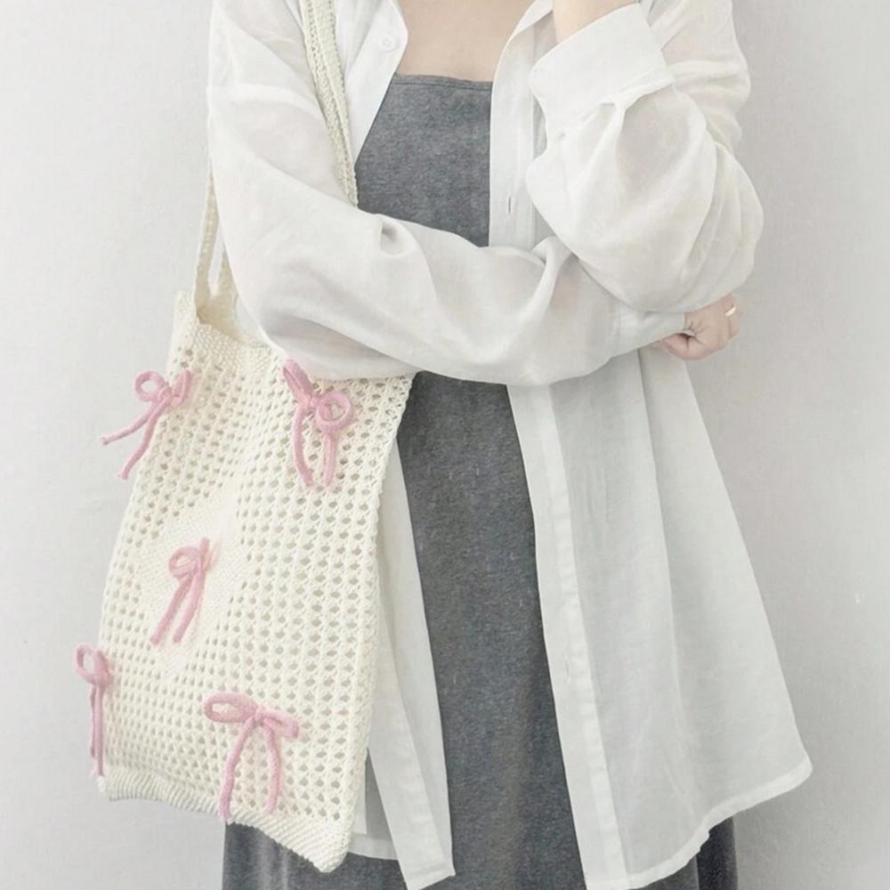 Bowknot Crochet Tote Bag Summer Beach Mesh Knitted Bag Large Aesthetic Shoulder Bag Knit Handbags Hollow Hobo Bag for Women
