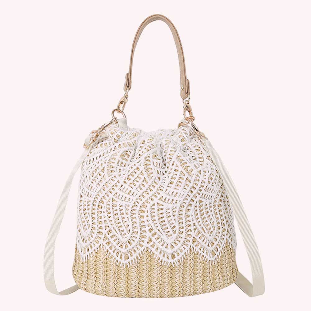 Women Lace Woven Bucket Shoulder Bag Straw Messenger Bags Summer Lady Beach Bag