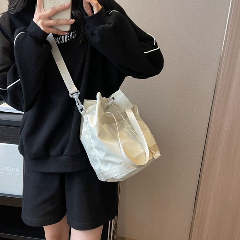 Simple Canvas Nylon Drawstring Bucket Bag Crossbody Bag Large Capacity Shoulder Bag Outdoor Bag Handbag Girls
