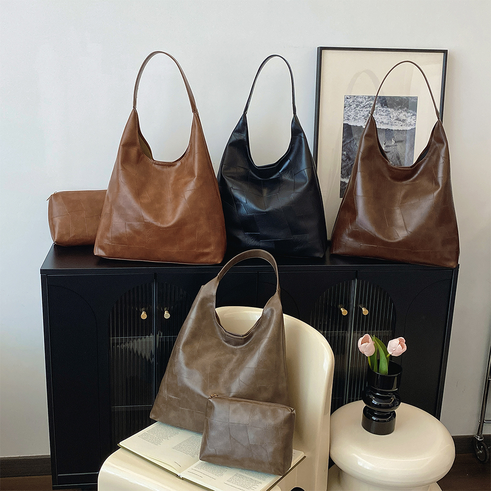 Autumn and Winter Vintage PU Women's Bag Large Capacity Trendy Shoulder Bag Solid Color Simple Casual Commuter Bag Retro Handbag