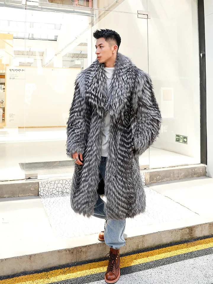 FURTJY Mens Fur Coat Real Fox Winter Mens Real Fox Style Silver Fur Coat 241107