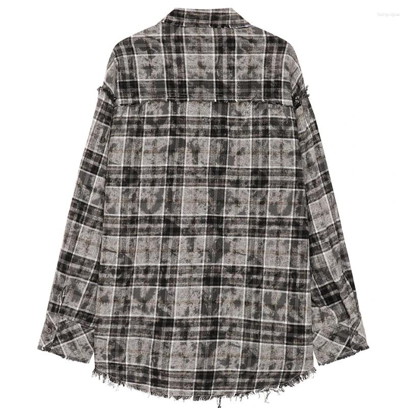 Men's Casual Shirts Hip Hop Streetwear Men Haruku Oversized Long Sleeve Plaid Distressed Tassed Loose Button Up Blouse