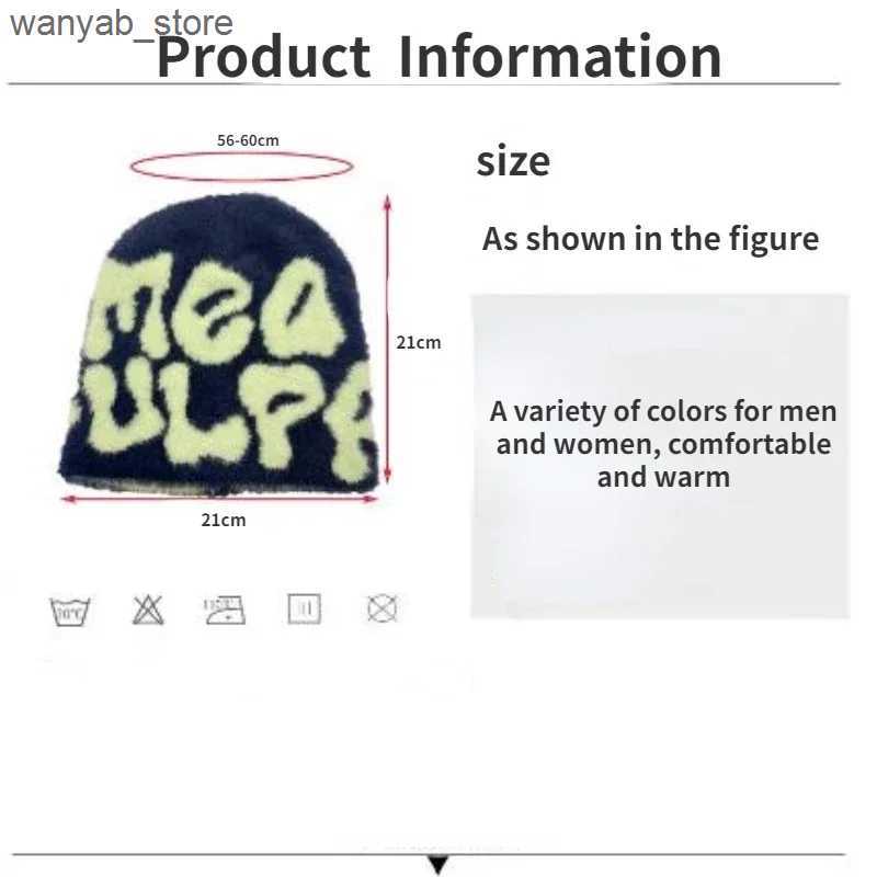 Beanie/Skull Caps Newest Y2K Unisex Warm Beanie Hat Plush Letters Jacquard Rabbit Fur Cashmere Skullies Ins Soft Fuzzy Personality Beanie Hat L240910