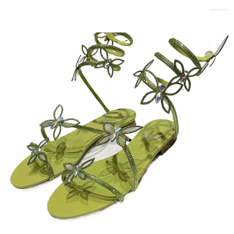 2025 S Fashion Designer Sandals Mesh Butterfly Decor Crystal Flat Woman Sandal Sweet Green Ankle Strap Party Dress Shoe Real Leather Beach Holiday