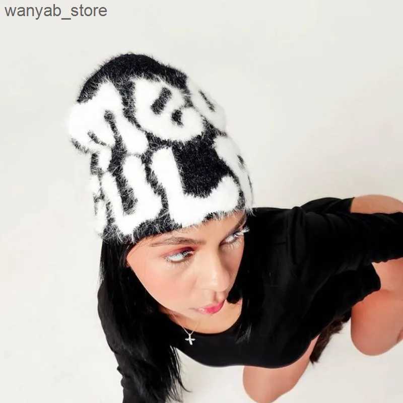 Beanie/Skull Caps Beanie Quality Rabbit Fur cashmere Cap Hoods Beanies Y2K Men Women Hat Kpop Ins Net Red Design Caps Hats Winter L240910 L0910