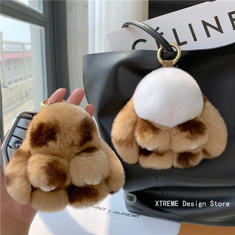 Plush Toy Bunny Real Natural Rabbit Fur Keychain Women Bag Charm Ornaments Schoolbag Pendant Car Keyring Trinkets Kids Gift