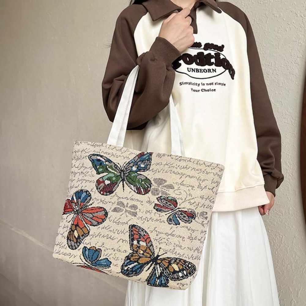Butterfly Embroidery Ethnic Style Handbag Rabbit Flower Canvas Cat Tote Bag Storage Bag Dog Cartoon Animal Shoulder Bag Daily