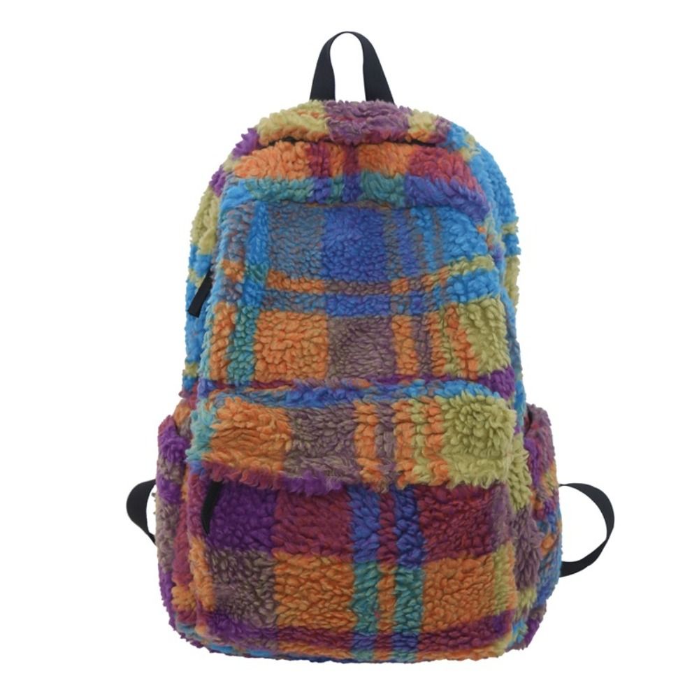 Korean Style Colorful Plaid Backpack Strip Large Capacity Lamb Fleece Backpack Geometric Preppy Trendy Shoulder Bag Outdoor