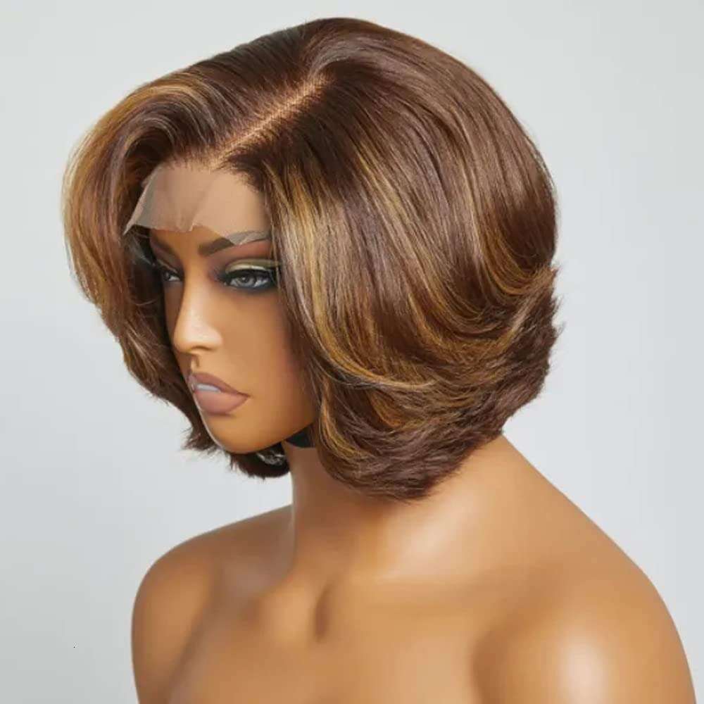 4/27 Highlight 4X4 Body Glueless Closure 100%Human Hair Frontal Wigs Ombre Brown Mix Blonde Water Wave C Part Short Bob Wig