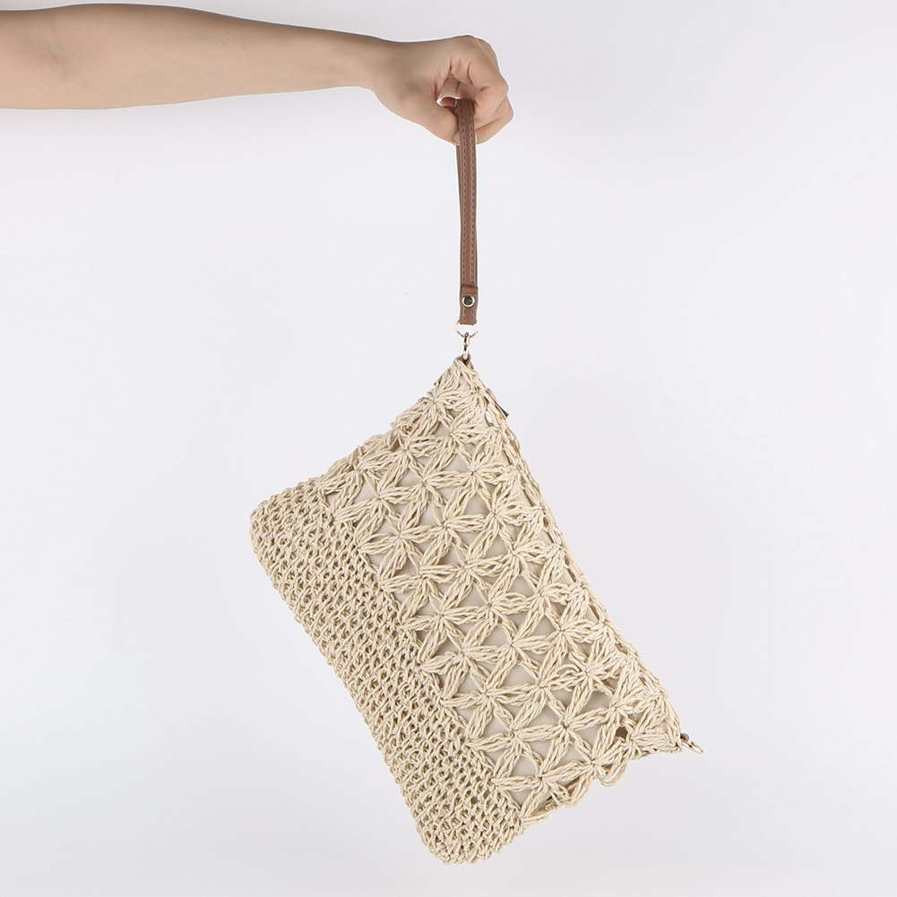 Straw Woven Summer Shoulder Bag Detachable Shoulder Strap Women Clutch Purse Zipper Handbag for Beach Travel Vacation