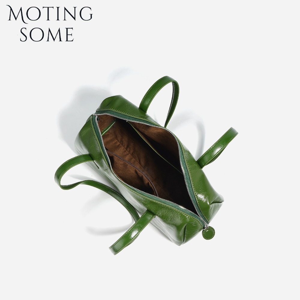 Motingsome Green Bags Retro Women Bag Oil Wax Cowhide Leather Handbag Vintage Boston Pillow Lady Daily Purses