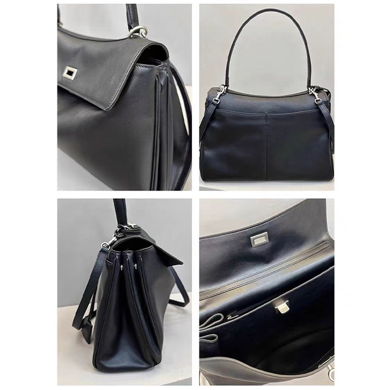 Large Black Genuine Leather Handbag hot - Gold Hardware Commuter Tote