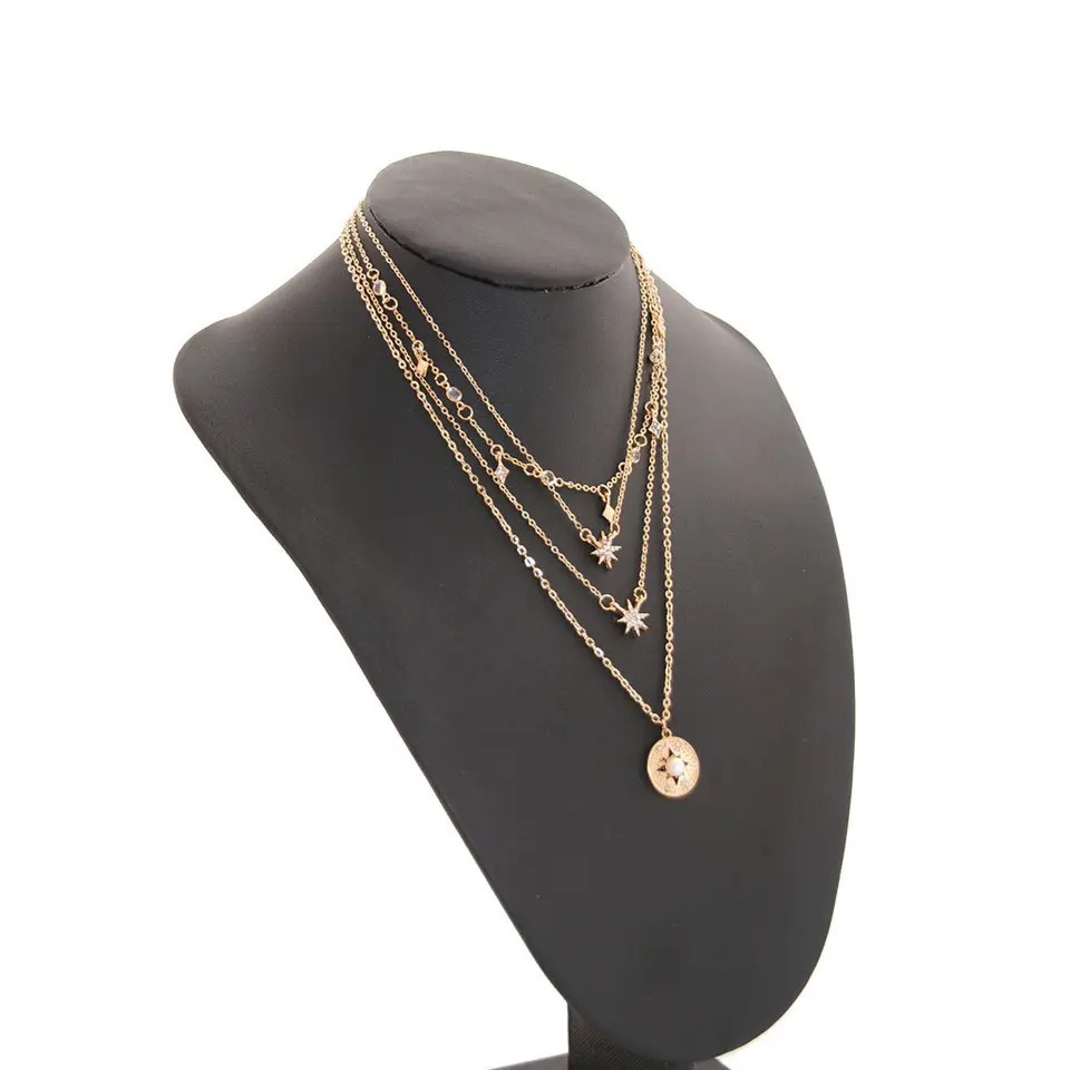 Cross Border New Full Diamond Star Necklace for Women Hot Selling Fashion Starry Flat Diamond Inlaid with Pearls Multi-layer Collarbone Chain