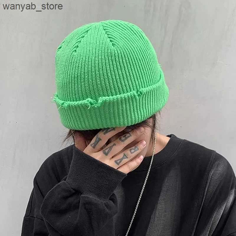 Beanie/Skull Caps Fashion Y2K Knit Short Beanies for Men Women Autumn Winter Hats Solid Color Hip-hop Skullies Caps Unisex Ripped Streetwear L240910