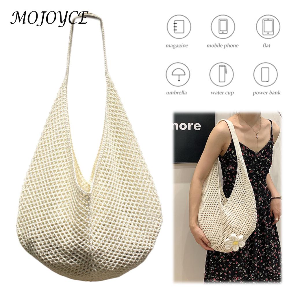 Women Crochet Tote Bag Mesh Shoulder Bag Solid Knit Bag Large Capacity Handbag for Vacation Travel Shopping