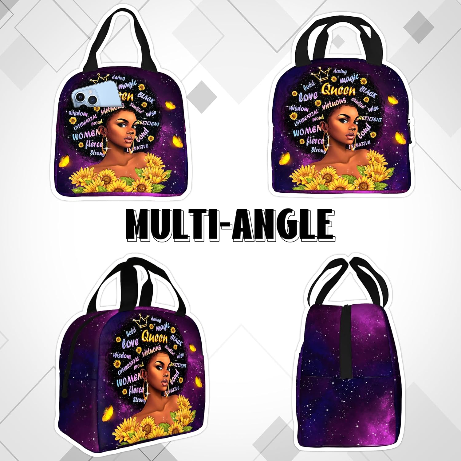 African American Women Lunch Bag Reusable Black Women Magic Insulated Lunch Box Portable Tote Bag for Women Travel Hiking Gifts