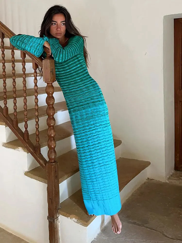 Fashion O-neck Flared Sleeve Knitted Long Dress Womens Casual Elegant Maxi Vestidos Vacation Party Club Evening Robes 240319